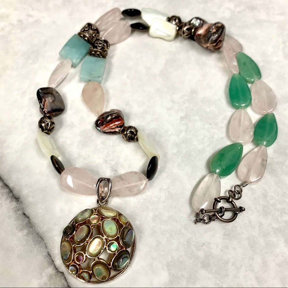 Silver Rose Quartz Mother of Pearl Jade Necklace